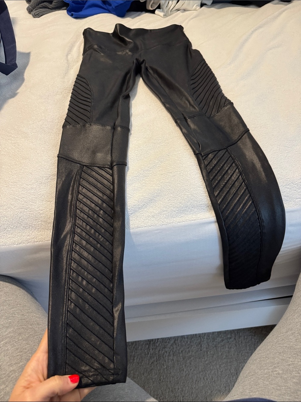 SPANX Black Faux Leather Leggings with Red Tag